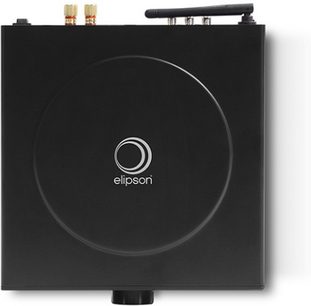 Elipson MC MINI sort hi-fi stereoforstærker set forfra, mat sort firkantet kabinet med rundt hvidt logo i midten