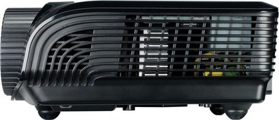 Optoma HD23 sort videoprojektor, set forfra, horisontal ventilationsgitter, decentraliseret linse, kontrolknapper