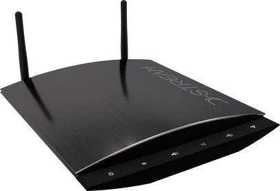 Hi-fi stereo zesilovač Nuprime D-Stream WAMP200SB černý, pohled shora, přední panel s tlačítky, Wi-Fi antény vzadu
