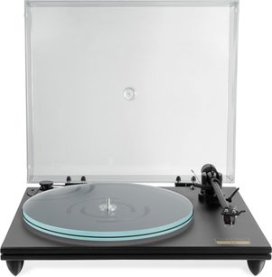 Hi-fi skivspelare Gold Note T-5 svartlackerad, glasskiva, tonarm, transparent hölje, svart bas