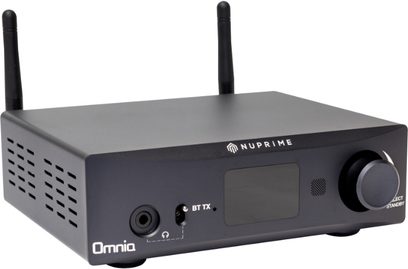 Ampli hi-fi stereo Nuprime Omnia WR-2 černý, přední panel s tlačítky a konektory, dvě antény na vrchní části, pohled zepředu