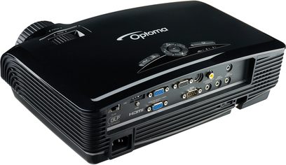 Optoma EX542 sort videoprojektor, set forfra, bagpå synlige tilslutningsmuligheder, kontrolknapper øverst