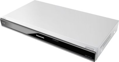 Panasonic DMR-PWT535EC9 Blu-ray-optager set forfra, i metalgrå farve, med sort front og digitalt display