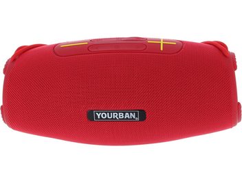 Bluetooth-højttaler Yourban Getone 45 rød, set ovenfra, cylindrisk form, tekstureret stof, gule knapper, Yourban-logo