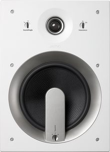 Jamo IW608 FG hvid indbygningshøjttaler, frontvisning, sort gitter, central diskant, "SoundAngle" og "Impedance" markeringer
