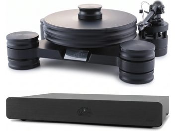 Platine vinyle Transrotor noire à large plateau et bras de lecture, avec préamplificateur phono Atoll PH200 noir