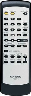 Sort fjernbetjening Onkyo RC-547C, set forfra, nummererede knapper, funktioner afspilning, pause, gentagelse, hukommelse