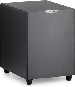 Subwoofer Cabasse Orion MT30 wengé, krychlový tvar, tmavě šedá barva, dřevěný materiál, stříbrné logo na přední straně