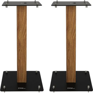 Enova HIFI MAJESTY 50 WD, frontvisning, to højttalerstativer, træfinish, sorte baser og hylder, metalbeslag