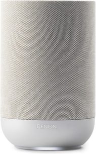 Denon Home 200 Stone cylindrisk trådløs højttaler, lys grå stofmesh og rundet hvid base set forfra