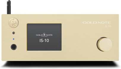 Integrovaný stereo hi-fi zesilovač Gold Note IS-10 gold, pohled zepředu, obdélníkový kryt, kruhový knoflík vpravo, centrální displej