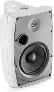 Šedý reproduktor Focal Custom OD 108, pohled zepředu, černá mřížka, viditelný reproduktor, upevnění viditelná po stranách