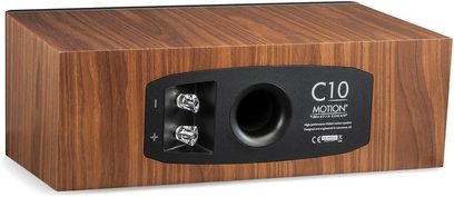 Enceinte centrale MartinLogan Motion C10 noce con cabinet rettangolare in legno, pannello posteriore nero con terminali e condotto circolare
