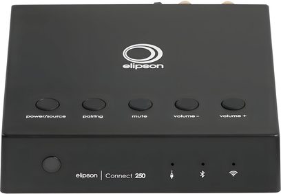 Forside af en sort Elipson Connect 250 stereo hi-fi forstærker, hvidt logo, knapper, indikatorer, ikoner