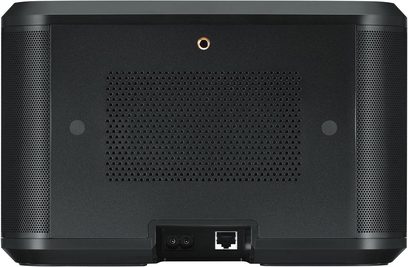 Trådløs, tilsluttet Yamaha WX-030 højttaler i sort, set forfra, perforeret sort gitter, LED-skærm, gylden knap