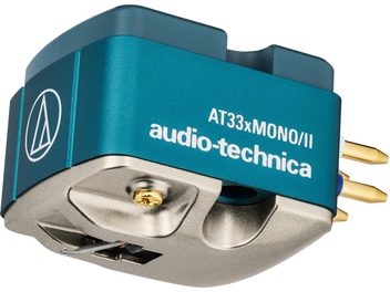 Φωνογραφική κεφαλή Audio-Technica AT33xMONO/II, μεταλλικό σώμα σε μπλε και γκρι, τρισδιάστατη όψη, χρυσή ακίδα και ακροδέκτες