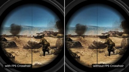 Дві зображення поруч солдата в камуфляжній формі, який цілиться з гвинтівки: одне з прицілом, інше без нього