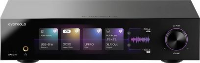 DAC EverSolo Z-10 preto, chassis metálico, vista frontal, tela colorida central, grande botão à direita, entrada para fones à esquerda
