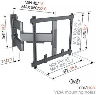 Černý nástěnný držák na TV Vogel's Elite TVM 5445 s kloubovými rameny, montážními rozměry a otáčením o 180°