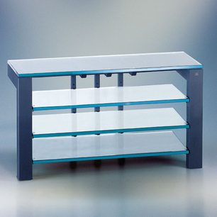 Schroers & Schroers Focus 110 Plus blåt og hvidt audio-/videomøbel, 3 glashylder, metalstruktur