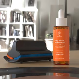 HummingGuru vinyl record cleaning fluid, orange bottle with black and blue antistatic brush
