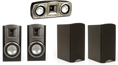 Klipsch Synergy B3 must kõlarikomplekt: 2 põhikõlarit, 1 keskmine kõlar, 2 satelliitikõlarit, vaade eest, valgel taustal