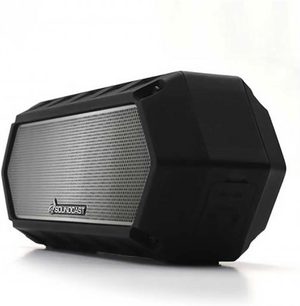 Trådløs, tilsluttet Soundcast VG1-højttaler, sort, set forfra, metallisk gitter på forsiden, hexagonal form