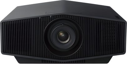 Sony VPL-XW5000ES svart videoprojektor, frontvisning, trapeseformet, sentralt plassert linse, sidemonterteventilasjonsgitter