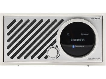 Radio da tavolo Tivoli Model One Digital bianco/argento, frontalino in metallo, schermo tondo a destra, griglia diagonale nera