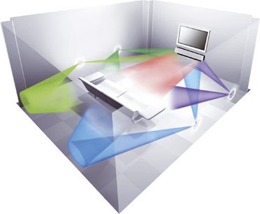 Soundbar Yamaha YSP-1100 in una stanza virtuale con forme geometriche colorate traslucide sullo sfondo
