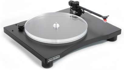 New Horizon 201 sort pladespiller, set oppefra, gennemsigtig rund pladespiller, sort tonarm, sort rektangulær base