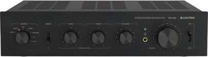 Integreret stereo hi-fi forstærker Unitra WSH-605 sort, børstet metalchassis, forfra, stort volumenknap, hovedtelefonudgang
