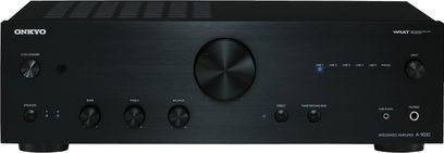 Integrovaný hi-fi stereo zesilovač Onkyo A-9030 černý, pohled zepředu, tlačítka a konektory na čelním panelu, uprostřed modrý displej