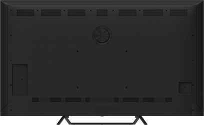 Panasonic TV-75W95BEG højopløsnings-tv i sort mat plast, bagside, stort fladt panel med øvre og nedre ventilationsgitter, centralt buet cirkel og to vinklede metalben