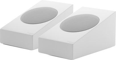 Wit paar Dolby Atmos Tangent Spectrum II XATM-luidsprekers, trapeziumvormig, ovale metalen roosters, driekwartaanzicht