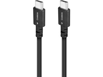 Cavo USB C verso C 1,5m con connettori metallici argentati, terminali neri cilindrici testurizzati e frecce bianche stampate