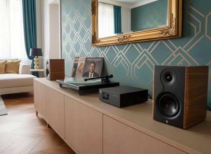 Hi-fi-anläggning med skivspelare, svart förstärkare och bokhyllehögtalare i trä på vardagsrumsmöbel