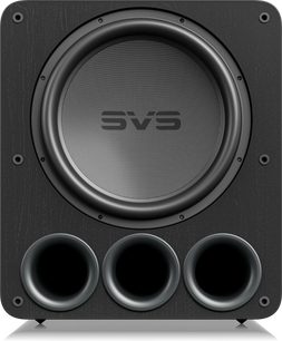 SVS PB17-Ultra subwoofer R|Evolution sort ask, frontvisning, central cirkulær højttaler, 3 runde porte nederst