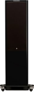 Fyne Audio F702 SP søjlehøjttaler i sort lak, frontvisning, rektangulært sort gitter, sort sokkel med metalfødder