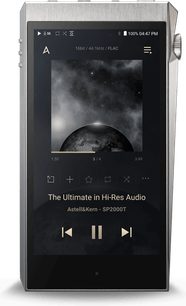 Audiofil bærbar afspiller Astell&Kern SP2000T i børstet metal, skærm der viser et audio-interface, kontrolknapper på siden