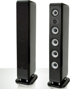 Dva černé sloupové reproduktory Boston Acoustics M350, pohled zepředu, s viditelnými reproduktory na čelní straně
