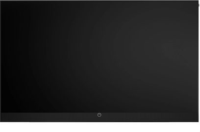 Téléviseur Loewe Stellar 97 DR+ noir vue de face avec écran plat bord fin et bande inférieure intégrée
