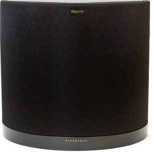 Nærbillede af sort Klipsch Reference højttaler set forfra, cylindrisk form, gyldent "Klipsch"-logo på forsiden