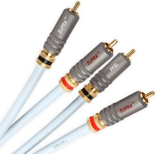 Analogni avdio kabel RCA Supra EFF-ISL 2m, sivi cilindrični priključki, pozlačeni konci, rdeči in črni obročki, svetlo modri ovoj
