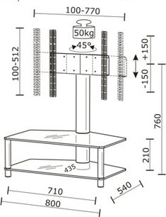 TV-møbel med drejelig holder til fladskærm op til 50 kg, i metal og glas, detaljerede mål på teknisk diagram