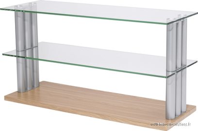 Norstone Design Trio AV lyst træ og glas audio-/videomøbel, 3 hylder, cylindriske fødder i børstet aluminium