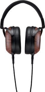 Offener kabelgebundener Hi-Fi-Kopfhörer Fostex TH808 mit schwarzem Kopfbügel, braunen Holz-Ohrmuscheln und schwarzen Polstern, Vorderansicht