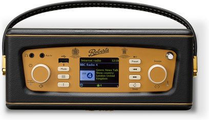En Roberts Revival iStream 3L bordradio i sort kunstlæder med gylden metalfront, sort håndtag på toppen og central farveskærm omgivet af drejeknapper og knapper, set forfra