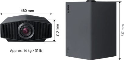 Videoprojektor Sony VPL-XW7000ES v bílé barvě, pohled zepředu a ze strany, krychlový tvar, objektiv umístěný uprostřed, rozměry 460 × 210 × 517 mm, hmotnost 14 kg