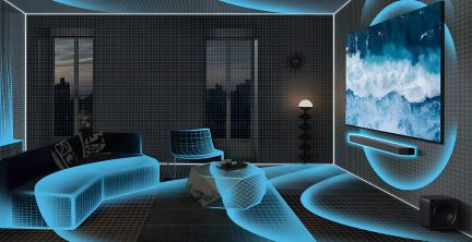 Moderní obývací pokoj s velkoformátovým nástěnným televizorem, soundbarem a modrým světelným halo v tmavé místnosti